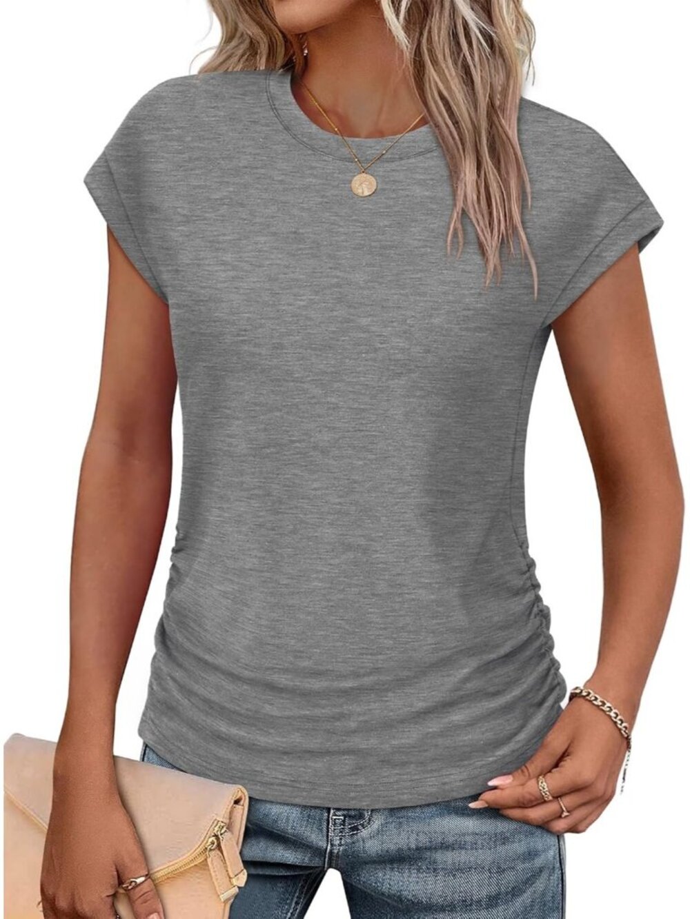Women's Grey Polyester Blend Short Sleeve Crew Neck Pull On Henley Shirts